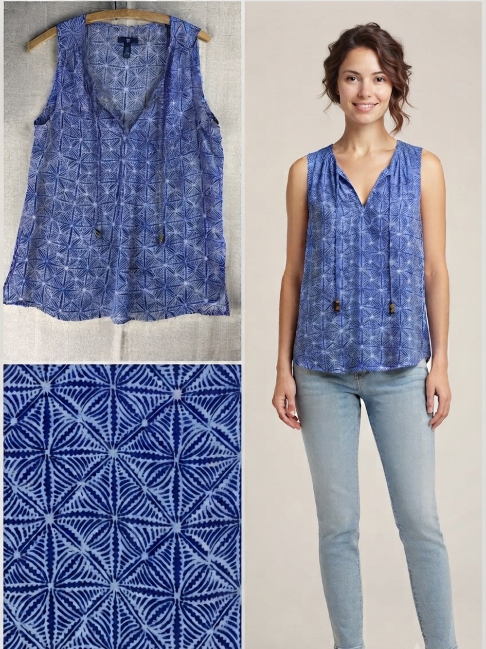 Gap Blue Sleeveless Blouse Starburst Print V Neck Tassel S Light Sheer Boho New